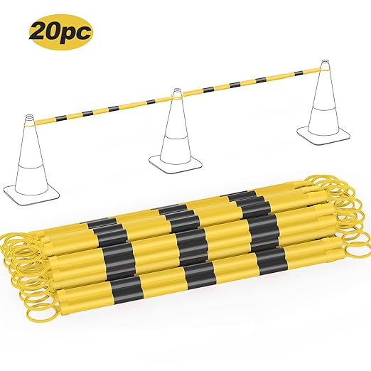 RoadHero 20 Pack 4 FT to 6.9 FT Retractable Cone Bar, Expandable Traffic Cone Bars for Parking Lots, Extendable Barricade for Road Construction, Black and Yellow, Cone Not Included