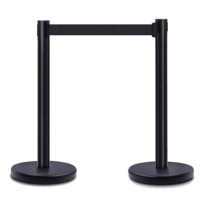 DuraSteel Crowd Control Barriers Line Dividers - Metal Stanchion Posts with 6.5ft Black Retractable Belt Ropes - for Store Queues, Airport Lines, Event Entries - 2 Set/Pack