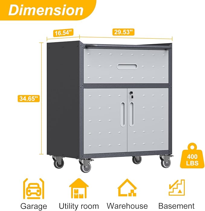 Metal Storage Cabinet with Wheels, Rolling Tool Chest with Adjustable Shelf & Handle, Lockable Garage Cabinet with 1 Drawer and 2 Doors, Mobile Steel Locker for Office, Workshop, Black&Grey