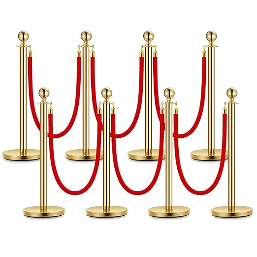8PCS Gold Stanchion Post, 5 Ft Red Velvet Rope Stainless Steel Crowd Control Barriers Used for Theaters Parties Wedding Museums Exhibition