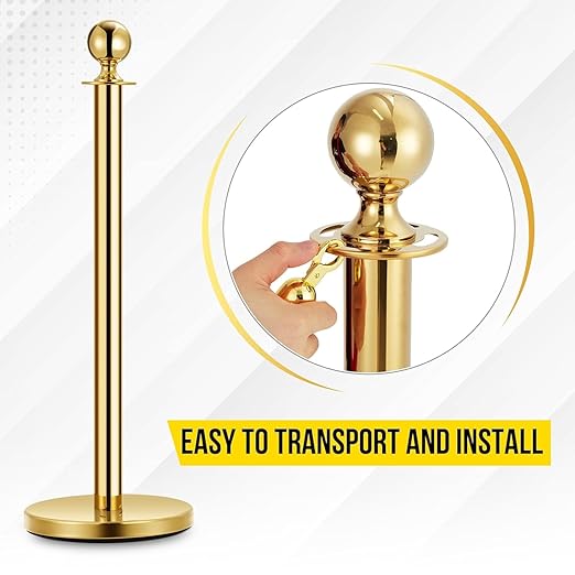 5PCS Gold Stanchion Post, 5 Ft Red Velvet Rope Stainless Steel Crowd Control Barriers Used for Theaters Parties Wedding Museums Exhibition