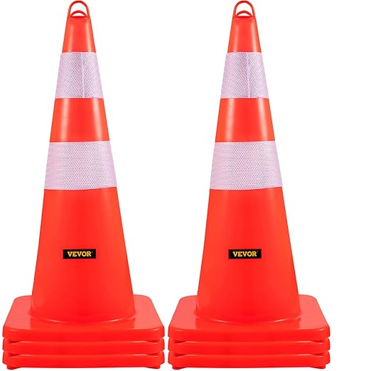 VEVOR Safety Cones, 6 x 28" Traffic Cones, PVC Orange Construction Cones, 2 Reflective Collars Traffic Cones with Weighted Base and Hand-Held Ring Used for Traffic Control, Driveway Road Parking