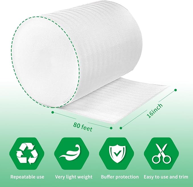 Moving Supplies, Foam Wrap Roll 16" Wide x 80' Length, For Protecting Fragile Articles,Furniture,Transportation Packing,Stuffing of Carton,with 30 Fragile Stickers