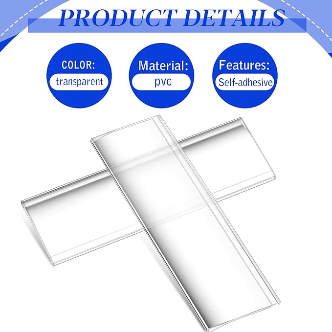 Yexiya 300 Pieces 3 x 1 Inch Clear Plastic Self Adhesive Label Holders Clear Shelf Tag Price Label Holders Bulk with Paper Inserts for Supermarket School Library Bookshelves Mailbox Storage Bins