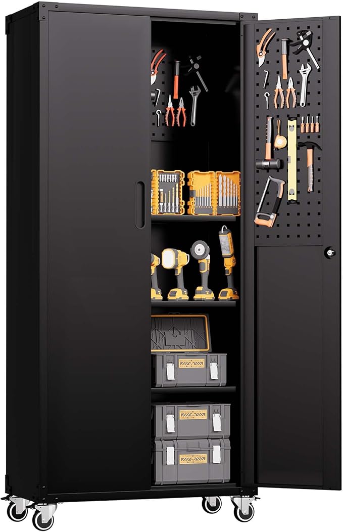 Garage Metal Storage Cabinet with Pegboard, 71'' Tall Storage Cabinet with Adjustable Shelves and Doors, Rolling Tool Cabinet on Wheels for Garage, Utility Room (Black)