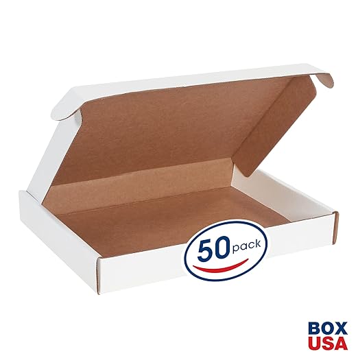 Box USA 15" Deluxe Shipping Boxes 15 1/8"L x 11 1/8"W x 2"H, 50-Pack - White Box Mailers for Packaging, Storage, Gifts or Bulk Business Orders