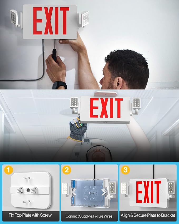 Sunco Exit Signs With Emergency Lights, Two Adjustable LED Lights With Backup Battery, Red, 94V-0 Fire Resistant, 120-277V, Wall Or Ceiling Mount, Commercial Grade UL.