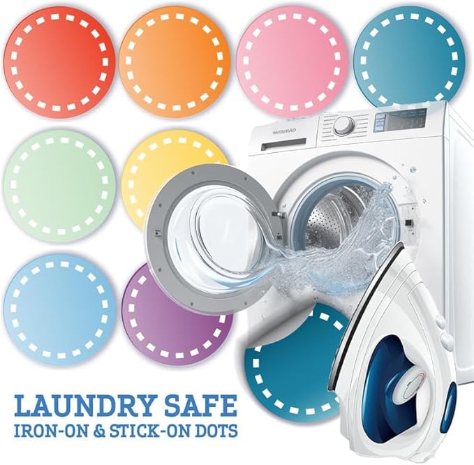 Color Coded Iron-on & Stick-on Dot Bundle - 400pcs, 8 Colors, 50 of Each Color, for Clothes & Laundry Organization, Round Clothing Labels, for Adults and Kids, Washer & Dryer Safe
