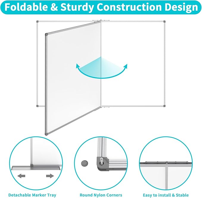 JILoffice Large Foldable White Board 60 x 48 Inches, Dry Erase Magnetic White Board, Silver Aluminum Frame with 2 Detachable Marker Tray Wall Mounted Board for Office Home and School