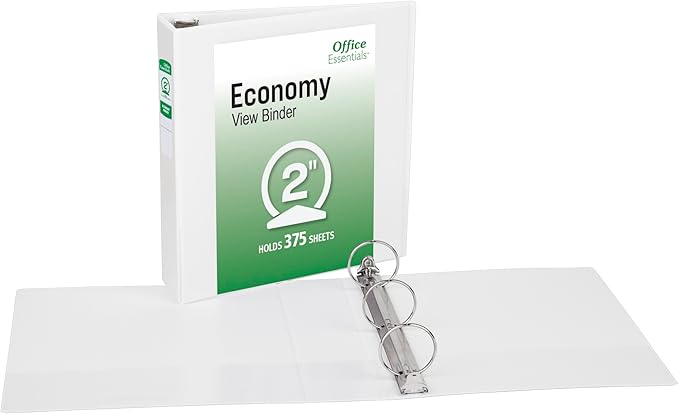 Office Essentials Economy View 3 Ring Binders, 2" Round Rings, 2.8" Spine, 375-Sheet Capacity, White Binders (4-Pack of 03146)