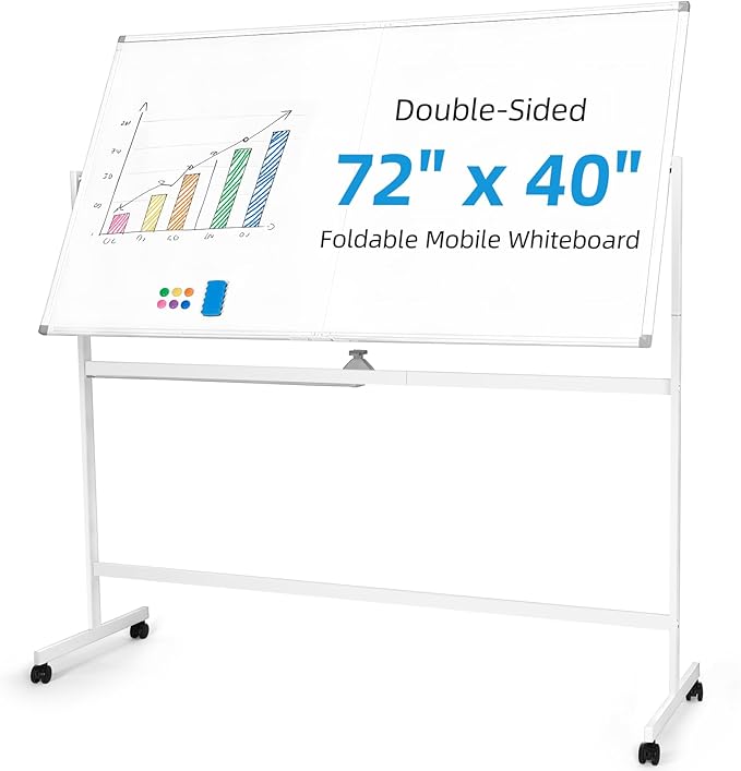 VOWNER Double-Sided Magnetic Whiteboard, 72" x 40" Large Mobile Dry Erase Board, Reversible Rolling White Board with Aluminum Frame & Stand, for Home Office, Classroom, School, White
