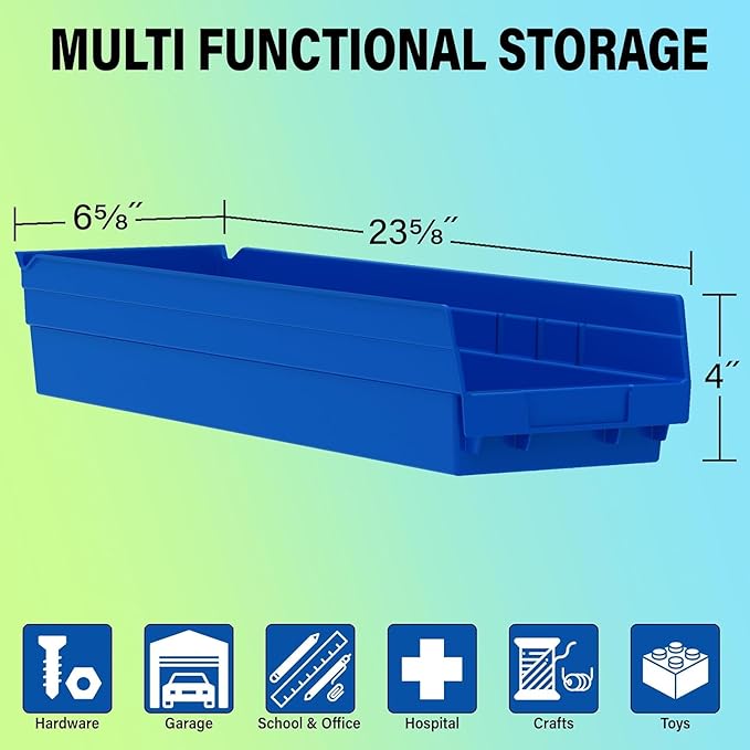 Akro-Mils 30164 Plastic Shelf Bins, Heavy Duty Storage Bins for Garage, Closet, and Drawer Organization, 24-Inch x 6-1/2-Inch x 4-Inch, Blue, 6-Pack