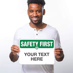 Custom Safety First Sign, OSHA Sign, 10x14 Inches, Rust Free .040 Aluminum, Fade Resistant, Indoor/Outdoor Use, Made in USA