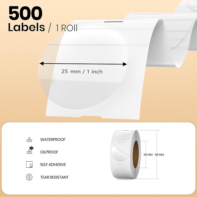 Clear Thermal Labels Vinyl 1 Inch Self-Adhesive Round Stickers Circle Roll Waterproof Printer Decals Package Seal for QR Code Envelope Office Retail Home 500 PCS
