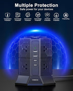 Surge Protector Power Strip Tower with 8 AC Outlets 4 USB Ports(2 Type C), 6.5 FT Ultra Flat Extension Cord, Flat Plug Power Strips Tower with Surge Protection for Home, Office, Dorm
