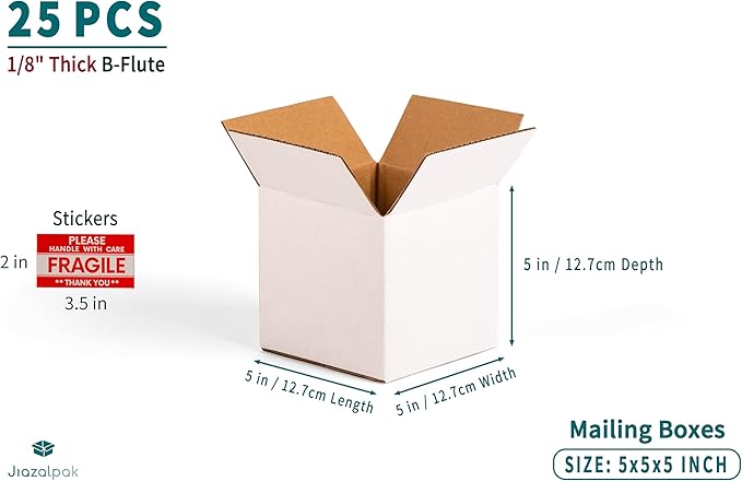 White 5x5x5 inches Shipping Boxes, Corrugated Cardboard 5x5 Box for Small Business Mailing, Packaging and Storing, 25 Pack