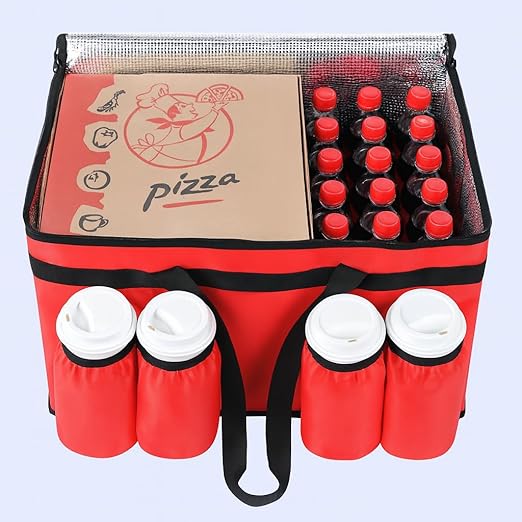 Insulated Food Delivery Bag with 4 Cup Holders, XXX-Large Insulated Grocery Bags Keep Food Hot/Cold, Cooler Bags with Drink Carrier, Food Carrier Catering Bag, Commercial Food Warmers, Red
