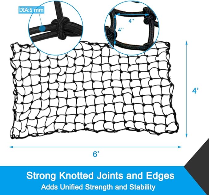 Bungee Cargo Net 4' x 6' Stretchable to 8' x 12' for Pickup Truck Bed Trailer Luggage Net Heavy Duty Tie-Down Mesh with 12 Pcs Hooks and Metal Carabiner Clips
