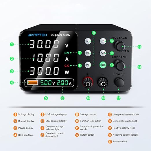 DC Power Supply Variable, 60V 5A Adjustable Switching Regulated Bench Power Supplies with Memory Preset/Locking Key/OCP Protection/Output/USB Fast Charging /4-Digit LED Display