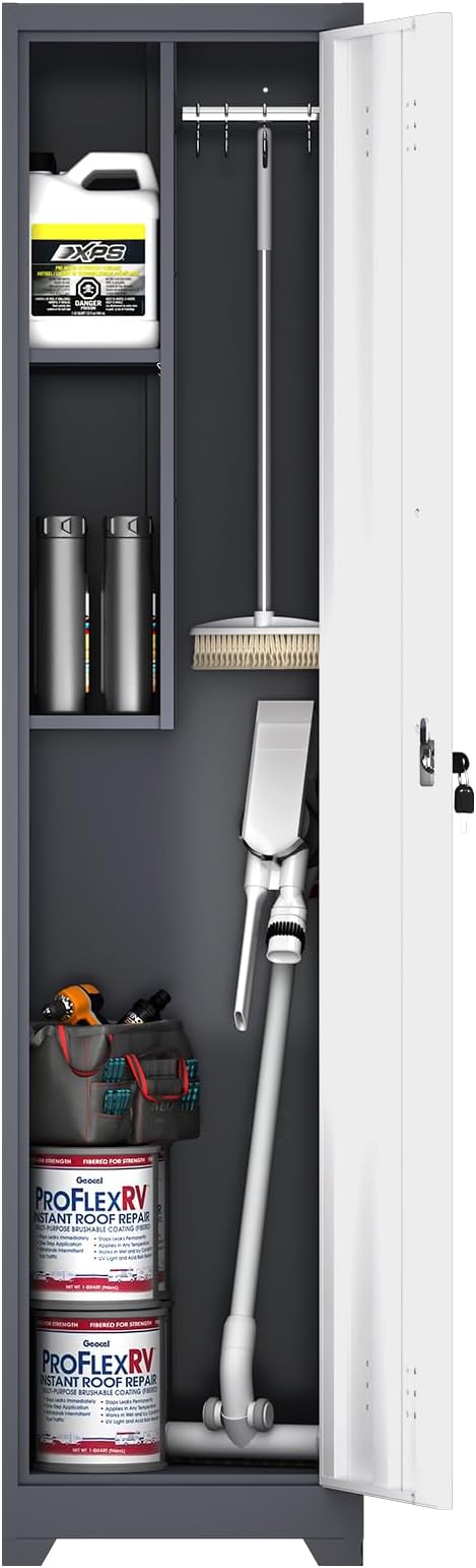 LUCYPAL Slim Broom Storage Cabinet with Shelves,Metal Cleaning Tool Cabinet with Locking Doors and Hanging Rod,Tall Broom Utility Closet Cabinets for Kitchen,Pantry,Home Office,White&Grey