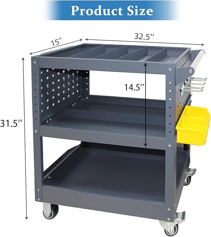 3 Tier Rolling Tool Cart with 6 Dividers, Mesh Panels & Screwdriver Shelf, 500 lbs Capacity, 32.5"x31.5"x15"