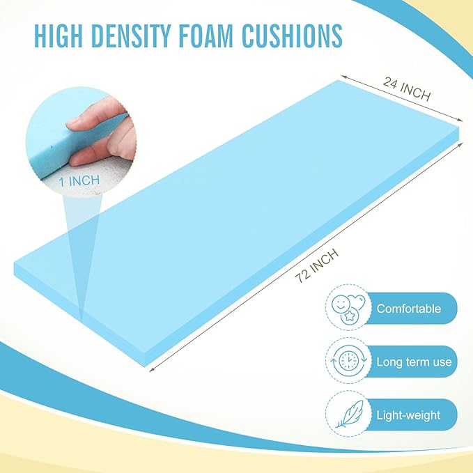Frienda 2 Pcs Upholstery Foam 1" x 24" x 72" High Density Cushion Blue Polyurethane Craft Foam Padding for Seat Replacement DIY Projects Chairs Headboards Sofas Home