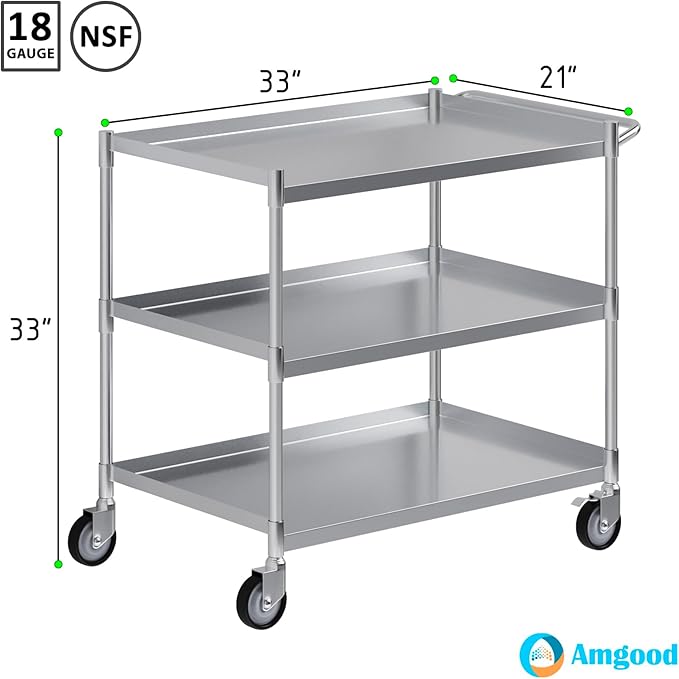 3 Shelf Stainless Steel Tubular Utility Cart | 21 in. Wide X 33 in. Long X 33 in High | Metal Utility Cart on Wheels with Handle | NSF