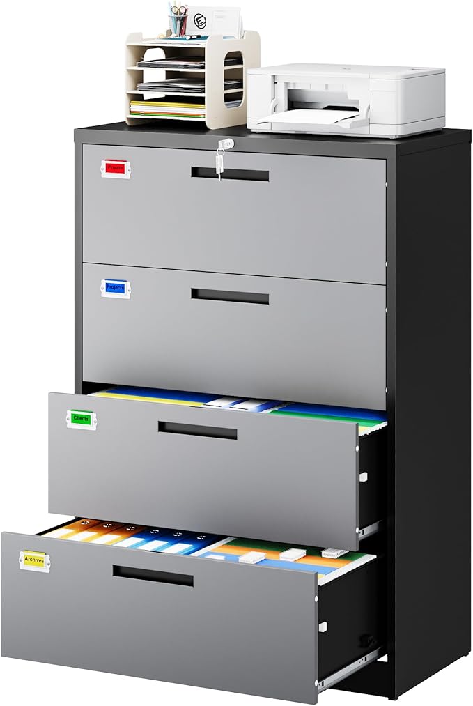 4 Drawer File Cabinet, Lateral Filing Cabinets for Home Office, Office Storage Drawers with Lock, Hanging Files Legal/Letter A4 Size (Assemble Required,Black Grey)