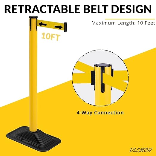 4-Pack 36" Yellow Crowd Control Stanchions, Heavy-Duty Rubber Rectangular Base with Space-Saving Design, 10ft Retractable Belt, Perfect for Indoor & Outdoor Safety Barriers
