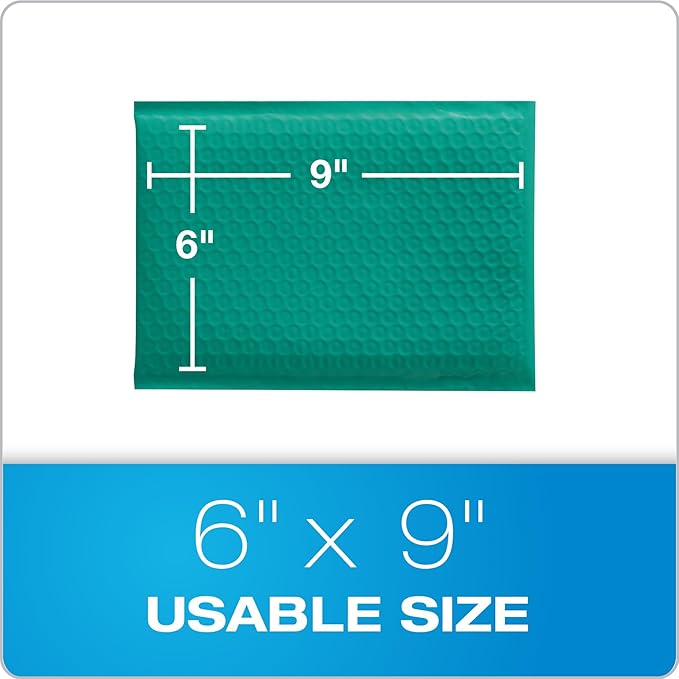 Quality Park Bubble Mailers, 6" x 9", Turquoise Poly Mailers, Padded Envelopes, Shipping Bags, Water Resistant, Self Seal, 50 Per Box (QUA85913)