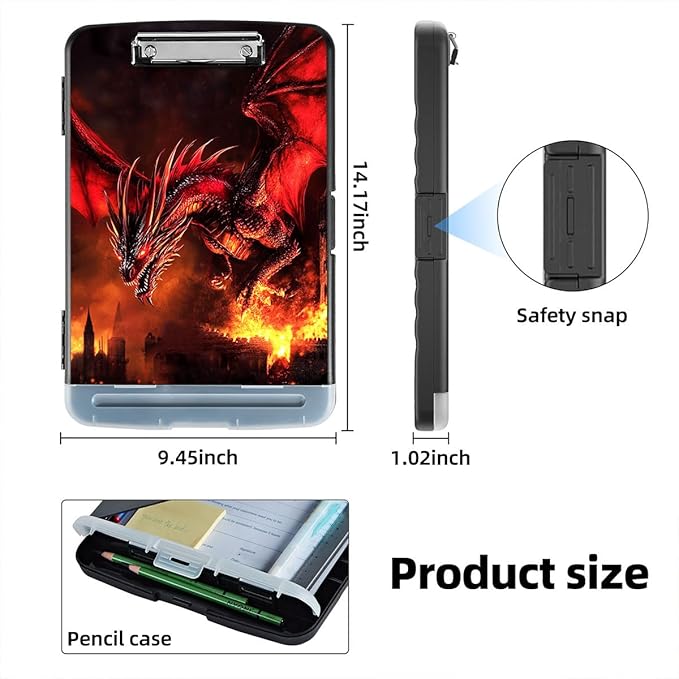 Clipboard with Storage Box & Pen Holder,Heavy Duty Clip Boards 8.5x11 for Nursing,High Capacity,School & Office Supplies,Fire Dragon