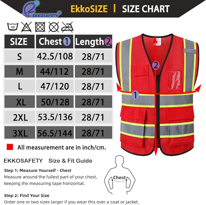 Reflective Mesh Safety Vest for Men Women with 5 Pockets and Zipper Front High Visibility Vest Hi Vis Construction Work Vest,Meets ANSI/ISEA Standards(EK175-Red-L)