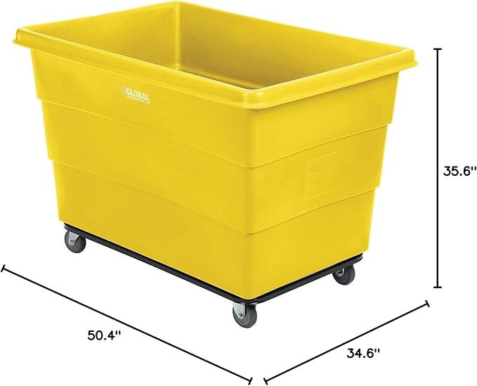 Global Industrial 20 Bushel Plastic Bulk Box Truck, Steel Chassis Base, 1200 lbs. Capacity, 4" Non-Maring Rubber Casters, Yellow, 50-2/5"L x 34-3/5"W x 35-3/5"H