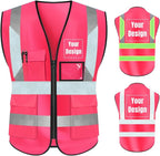 YOWESHOP High Visibility Safety Vest Custom Your Logo Protective Workwear 5 Pockets With Reflective Strips Outdoor Work Vest (L, Pink Luminous)
