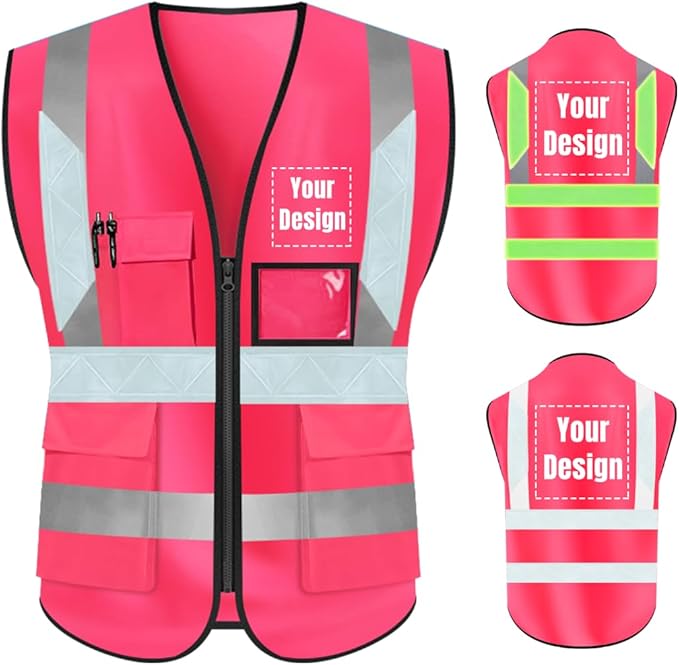 YOWESHOP High Visibility Safety Vest Custom Your Logo Protective Workwear 5 Pockets With Reflective Strips Outdoor Work Vest (S, Pink Luminous)