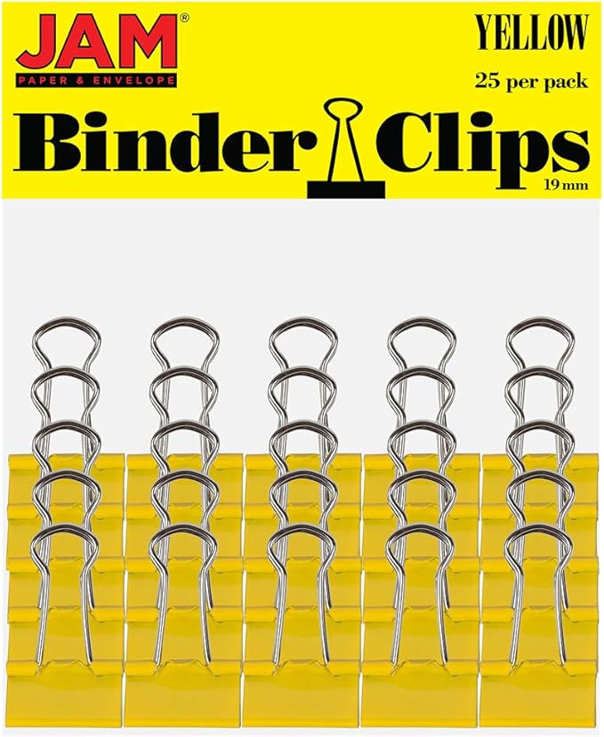 JAM PAPER Colorful Binder Clips - Small - 3/4 Inch (19 mm) - Yellow Binderclips - 25/Pack