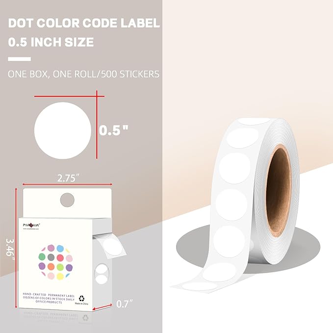 PARLAIM 1/2 Inch Round Adhesive Color-Code Dot Stickers,500 Stickers Inventory Dots Label in Dispenser Box,White Circle Coding Labels for Office Home(White)