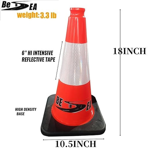 (8 Cones) BESEA 18" inch Traffic Cones Traffic Safety Cones Black Base Construction Road Parking Cone with 6" Highly Reflective Collar(8 Pack)