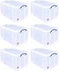 Really Useful Box 84 Liters Storage Container with Snap Lid and Clip Lock Handle for Lidded Home and Item Storage Bins, 6 Pack, Clear