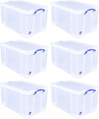 Really Useful Box 84 Liters Storage Container with Snap Lid and Clip Lock Handle for Lidded Home and Item Storage Bins, 6 Pack, Clear