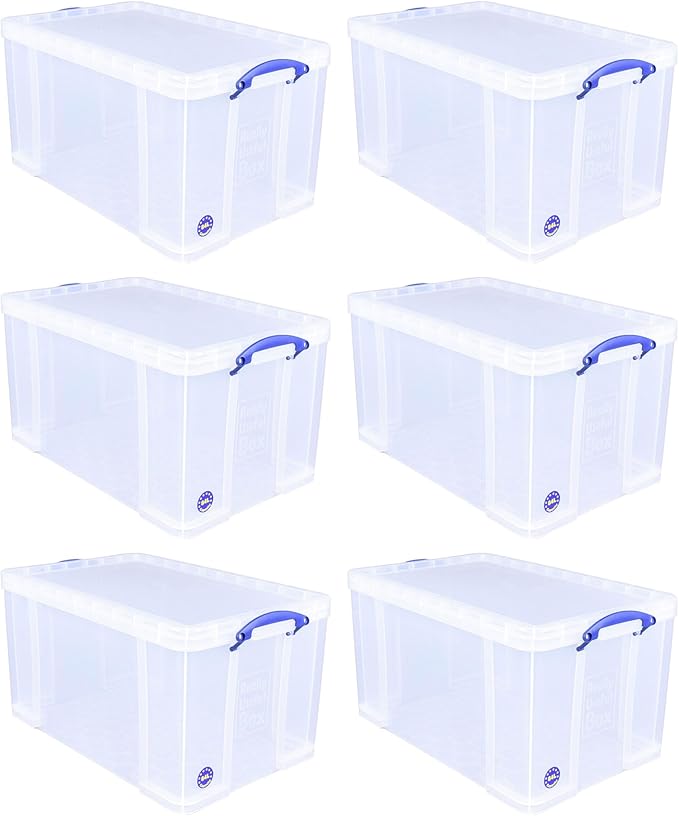 Really Useful Box 84 Liters Storage Container with Snap Lid and Clip Lock Handle for Lidded Home and Item Storage Bins, 6 Pack, Clear
