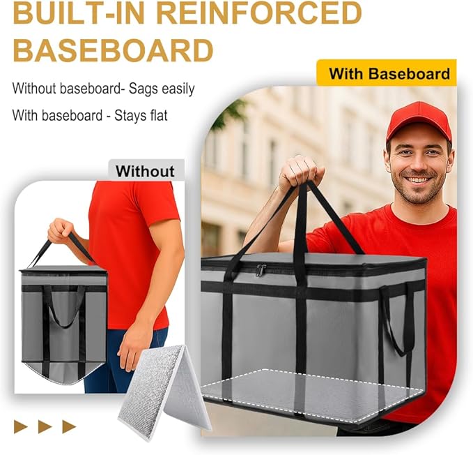 XXXL Insulated Food Delivery Bag - Reusable Thermal Cooler Grocery Bags for Catering & Delivery, Pizza Carrier for Events, Large Capacity Bag Keeps Food Hot/Cold for Shopping, Commercial (with Base)