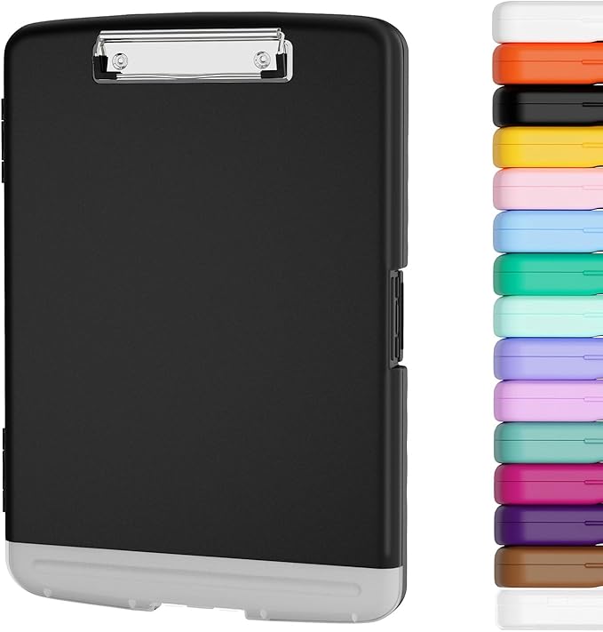 Piasoenc Clipboard with Storage, 8.5 x 11 Organization Box with Pen Holder and A4 Legal Paper Folder, Folio & Side-Opening, Low Profile Clip,for Nurses,Teachers, Size 14 x 9.6 x 1.2 in, Black
