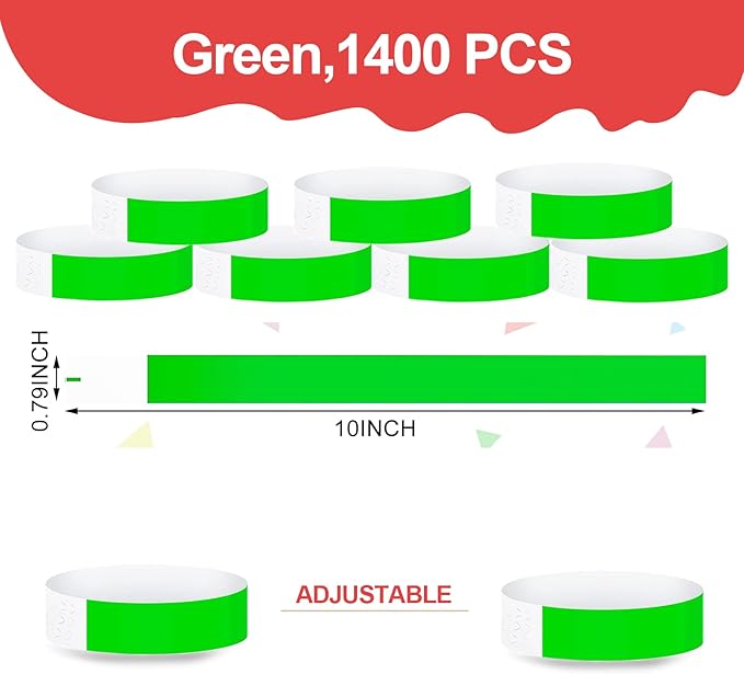 1400 Pack Neon Wristbands - Waterproof Paper Bracelets for Events & Concerts (Green)