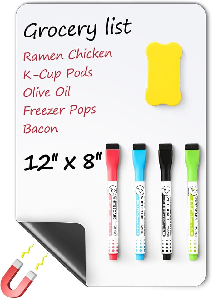 1 Pack Magnetic Dry Erase Board Sheet for Fridge, 12"x8" Erasable Refrigerator WhiteBoard w/ 4 Markers & 1 Eraser- Smooth and Flexible Small Magnet Blank Notepad for Home Kitchen Organizer and Planner