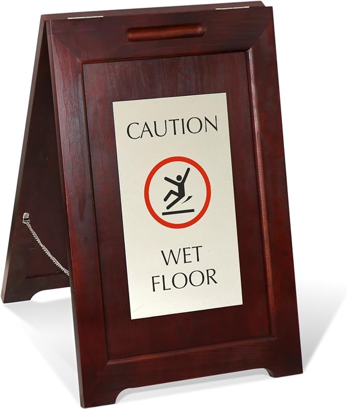 SmartSign Premium 'Caution Wet Floor' Wooden A-Frame Standing Floor Sign with Symbol, 2-Sided, 24" x 15", Hardwood Pine Frame, 120 mil Silver ACM Sign, Black on Silver, Made in USA