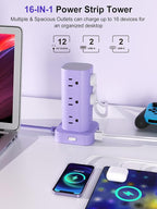 Power Strip Tower with Multiple Outlets, Flat Plug Surge Protector Tower Extension Cord with 12 AC Outlets 4 USB Ports (2 USB C), 6FT Cord Power Tower Surge Protector for Home Office Dorm Room, Purple