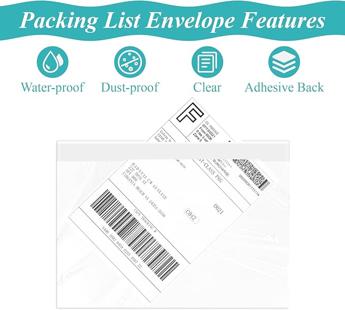 100 Pack 7.5" x 5.5" Clear Self-Adhesive Top Loading Packing List/Shipping Label Envelopes Pouches