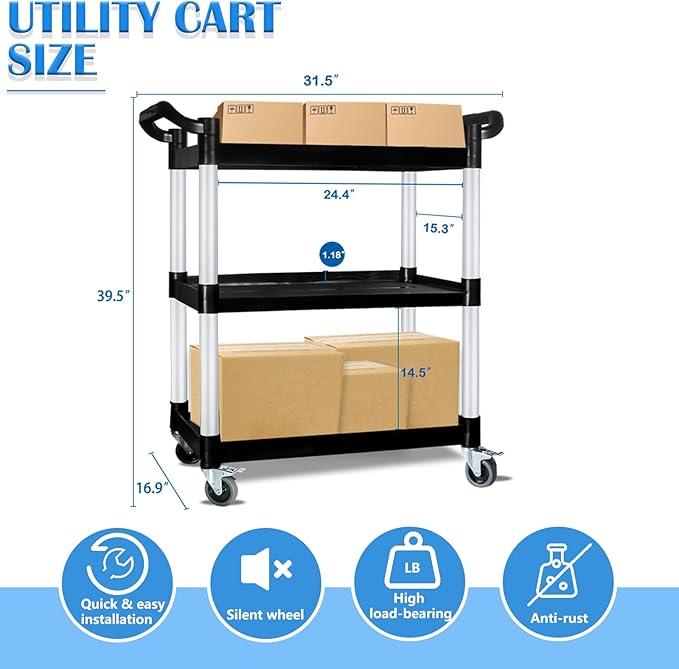 AQNIEGEP Utility Carts with Wheels, Heavy-Duty 510lbs Rolling Cart w/Lockable Wheels, Restaurant/Kitchen/Food Service Cart on Wheels, 3 Tier 16.9" D x 31.5" W x 39.5" H