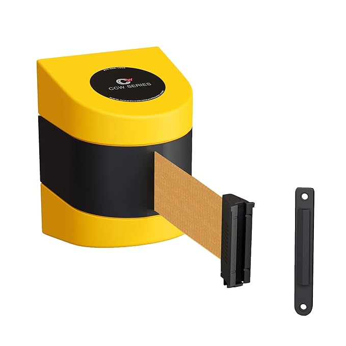 Crowd Control Warehouse - CCW Series WMB-220 Fixed Wall Mount Retractable Belt Barrier - 15 Foot, Brown Belt with Yellow ABS Case